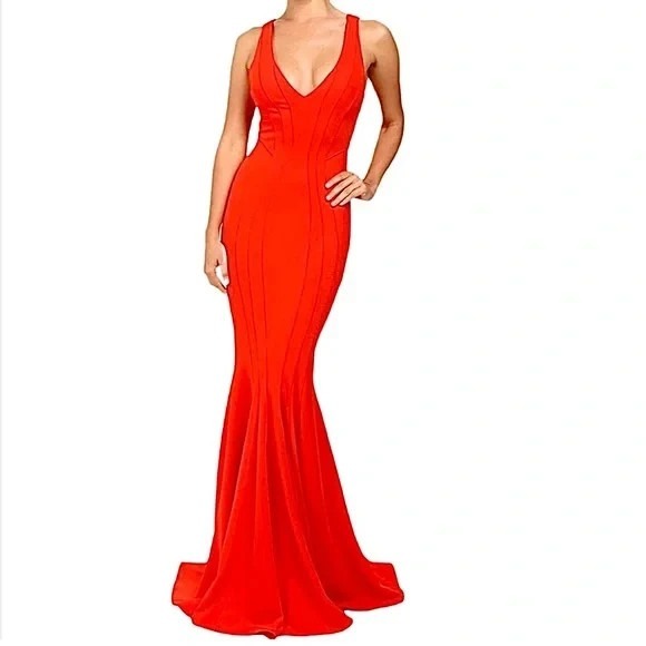 Zac Posen Runway Red Coral Evening Gown Mermaid Dress Size 2- Ronnie Dress